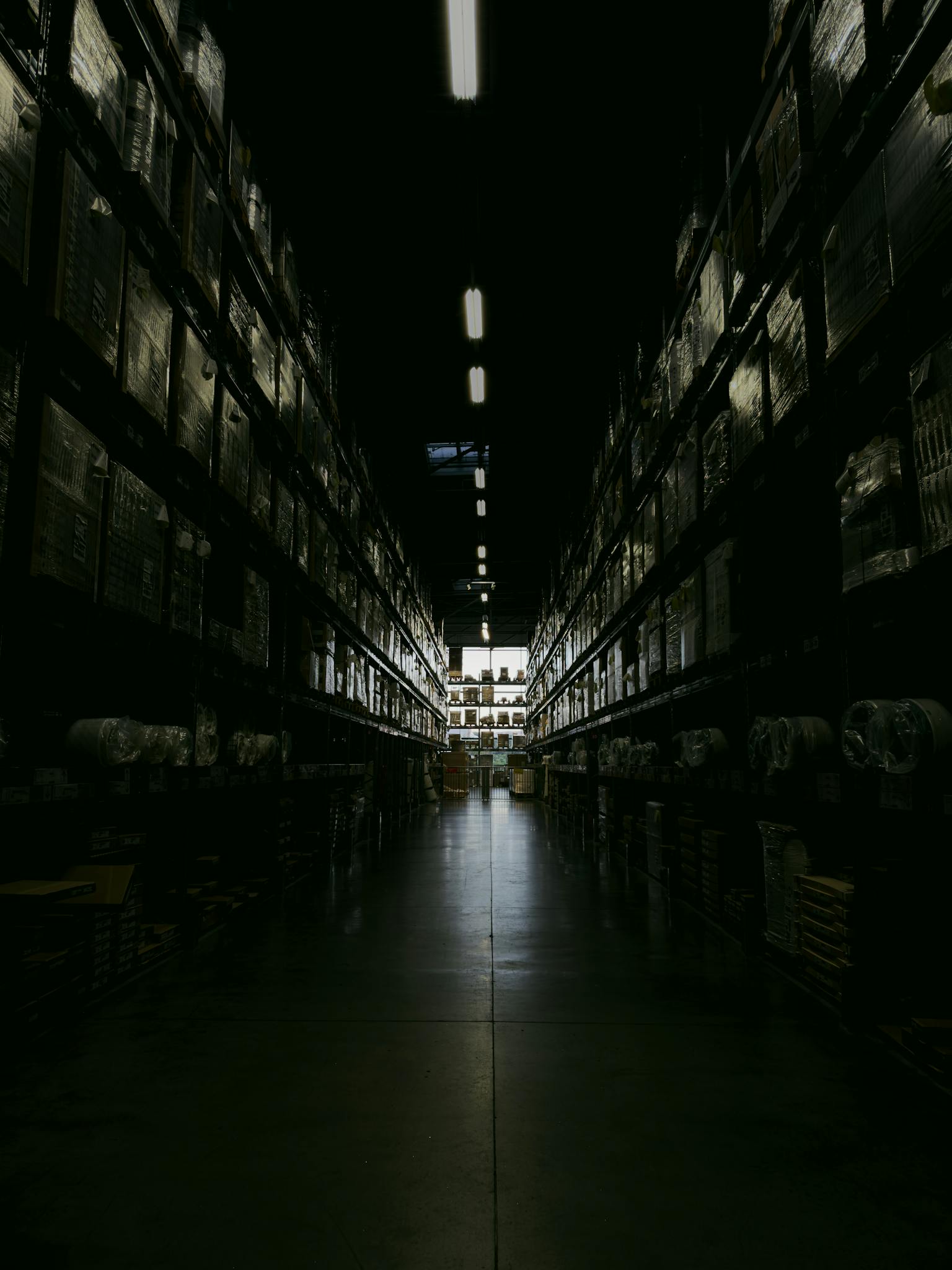 A dark, narrow warehouse aisle with shelves filled with boxes and goods, illuminated by overhead lights.
